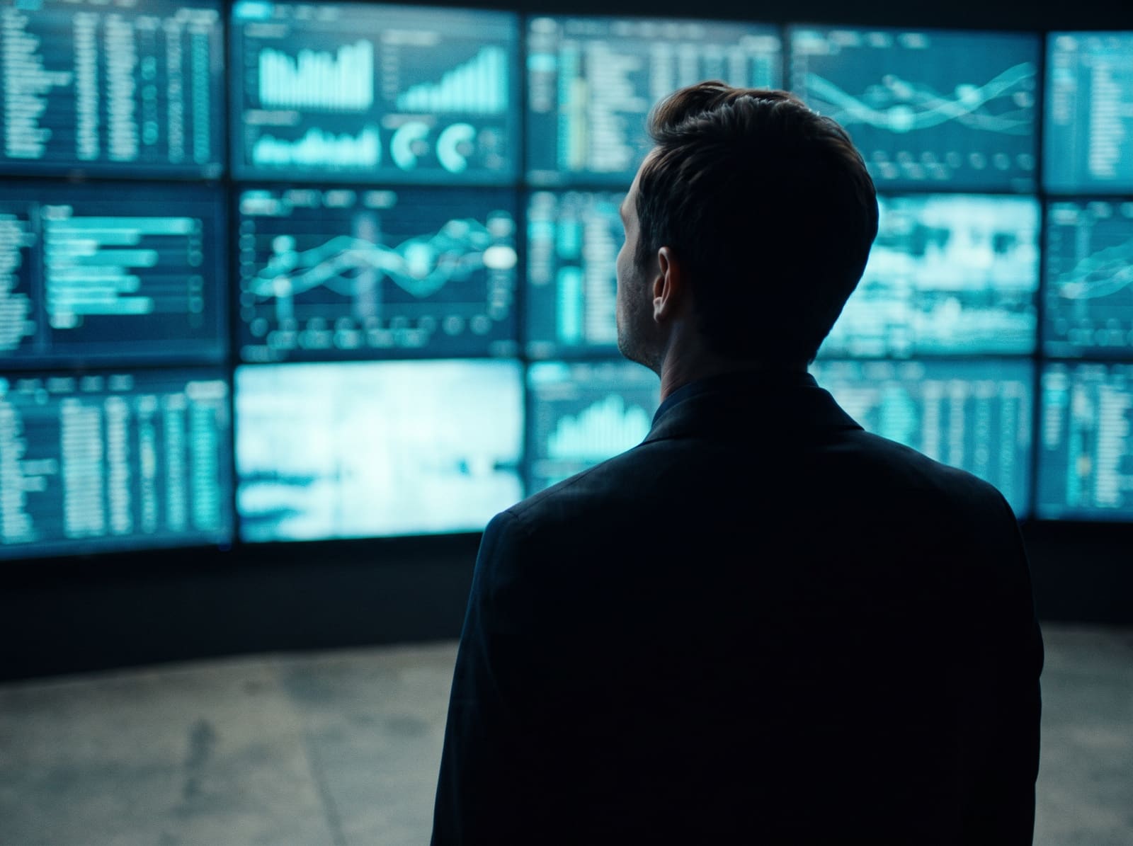 A dark room of dashboards lit in cyan — how the media money gets watched.