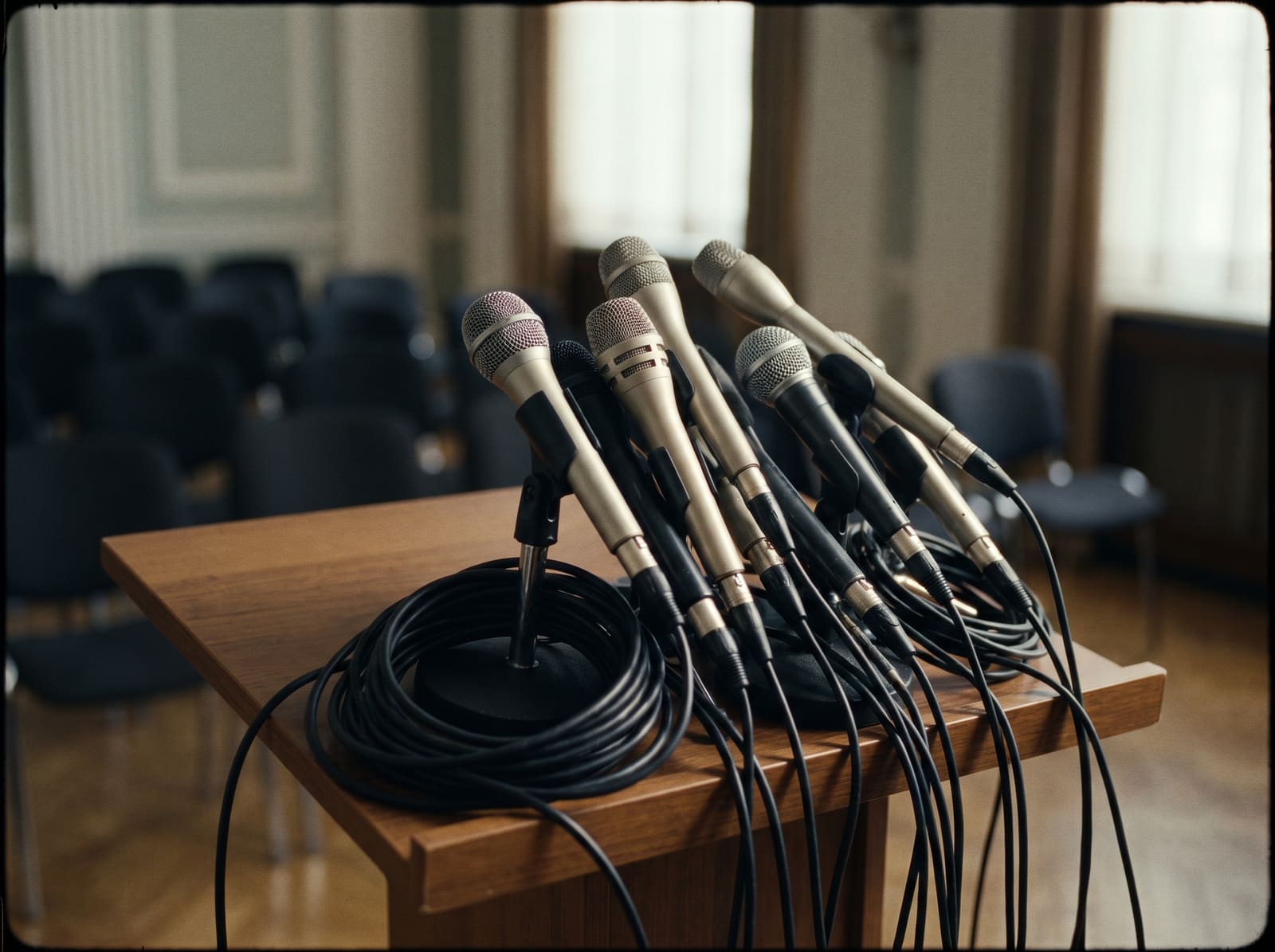 Press microphones on a lectern in a darkened room, cyan light on the metal.